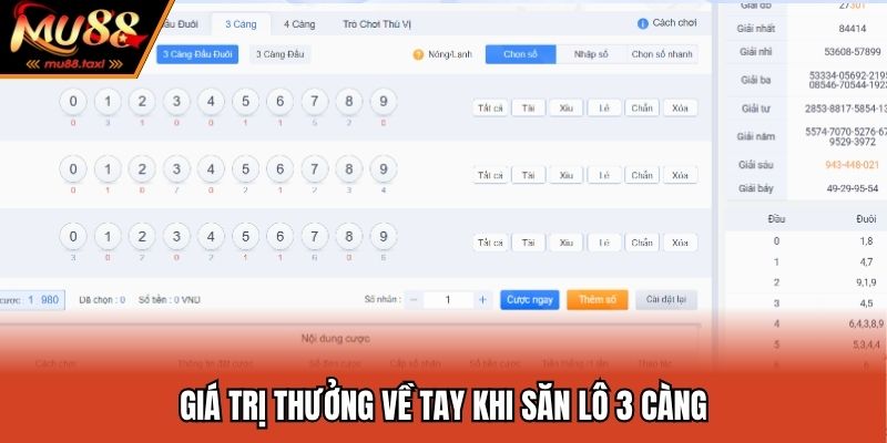 Giá trị thưởng về tay khi săn lô 3 càng